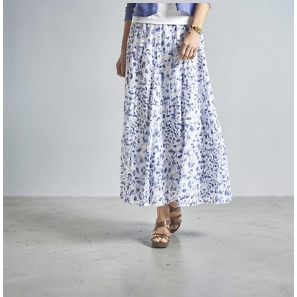 J. Jill Linen Abstract Floral Maxi Skirt Blue White Coastal Boho M